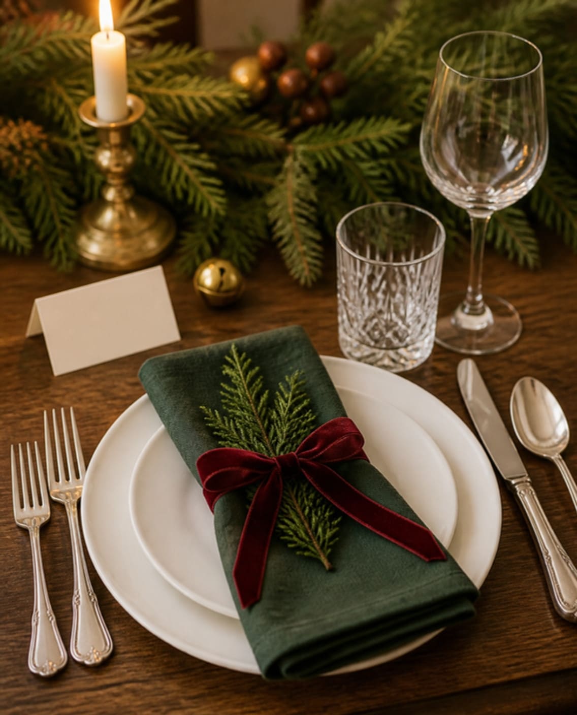 Mood board: Mood board of one Christmas place setting: a green linen napkin tied with cranberry velvet and a cedar sprig on a white plate.