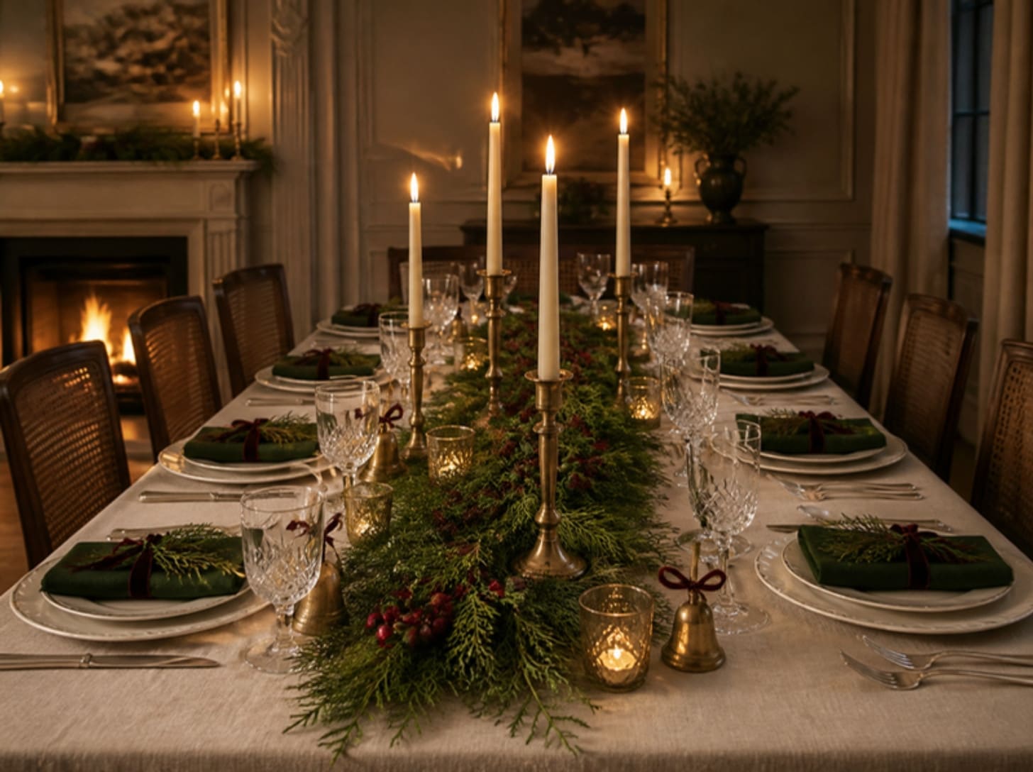 Mood board: Mood board of a Christmas table for eight: a cedar garland down the middle, ivory tapers in brass, green napkins tied with cranberry velvet.