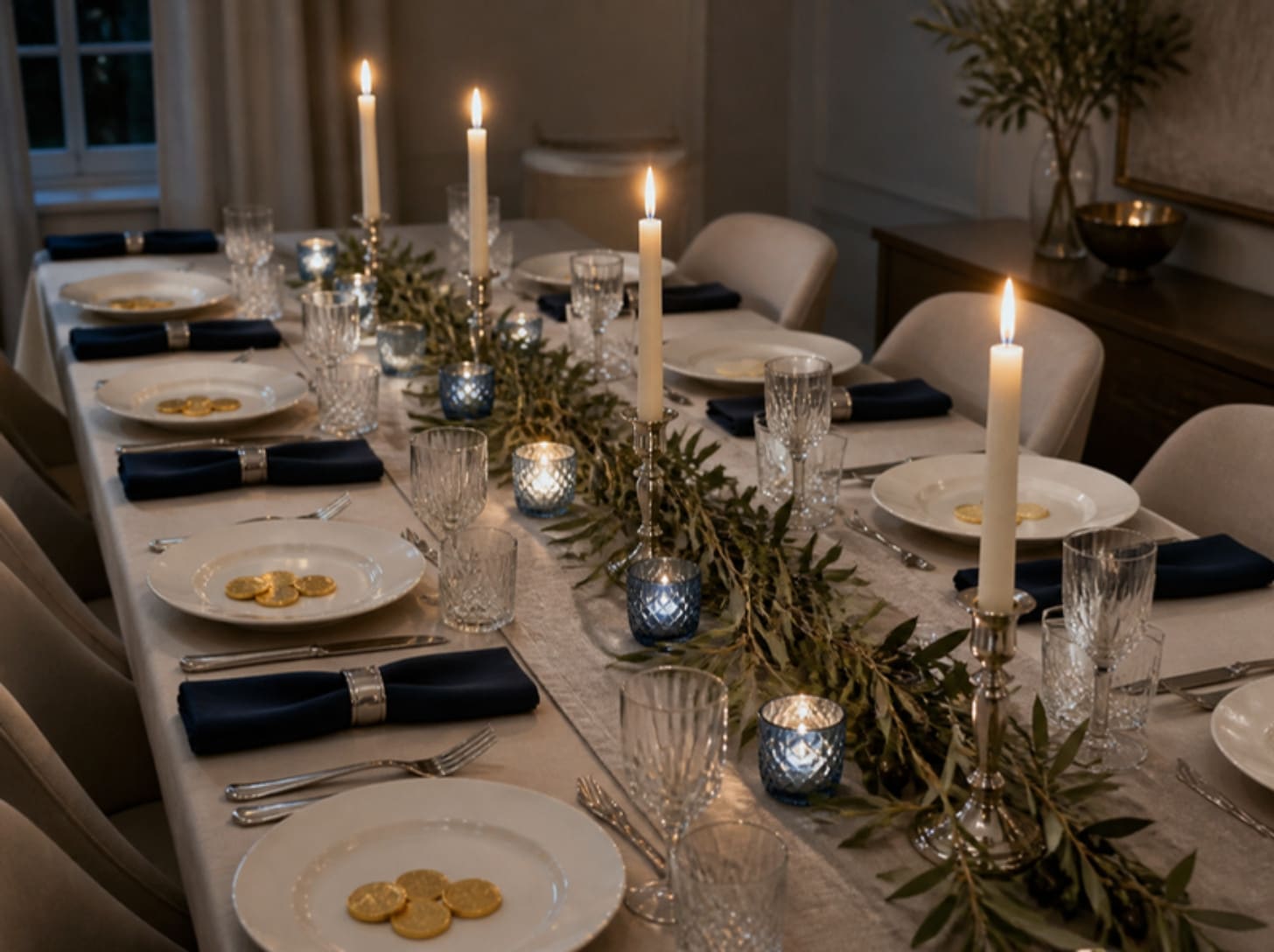 Mood board: Mood board of a Hanukkah table for eight: an olive branch garland, white tapers in silver, blue glass votives and gold coins on each plate.