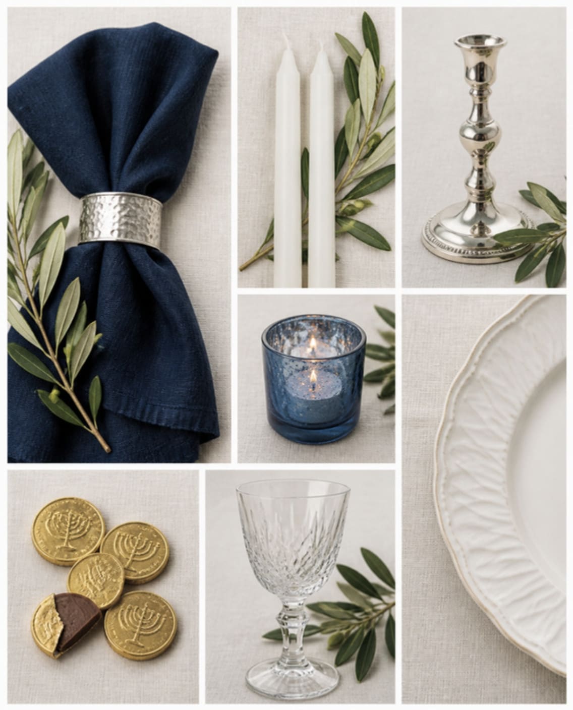 Mood board: Mood board of the materials: navy linen, a silver napkin ring, olive branches, white tapers, a blue votive and gold coins.