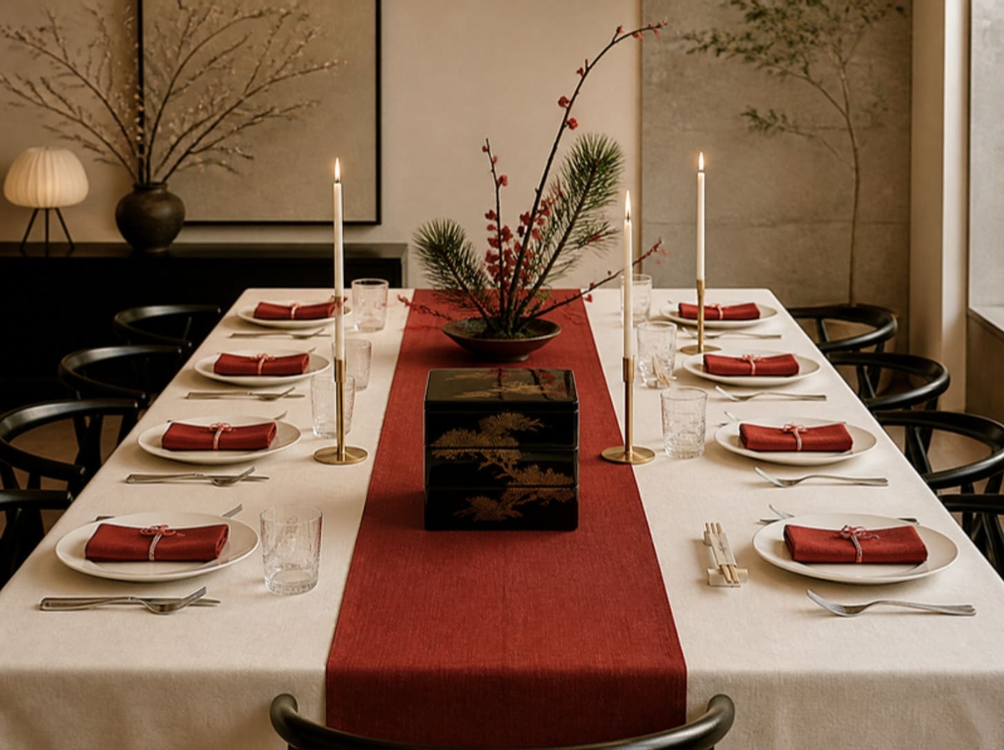 Mood board: Mood board of a Japanese New Year table: a red runner on a white cloth, a black lacquer jubako, pine and red plum branches, gold candlesticks and red napkins tied with red and white cord.