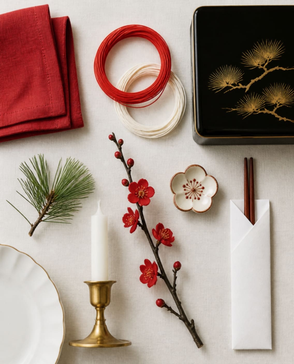 Mood board: Mood board of the materials: red linen, red and white mizuhiki cord, a black and gold lacquer box, pine, plum blossom, a plum blossom chopstick rest and a white taper.